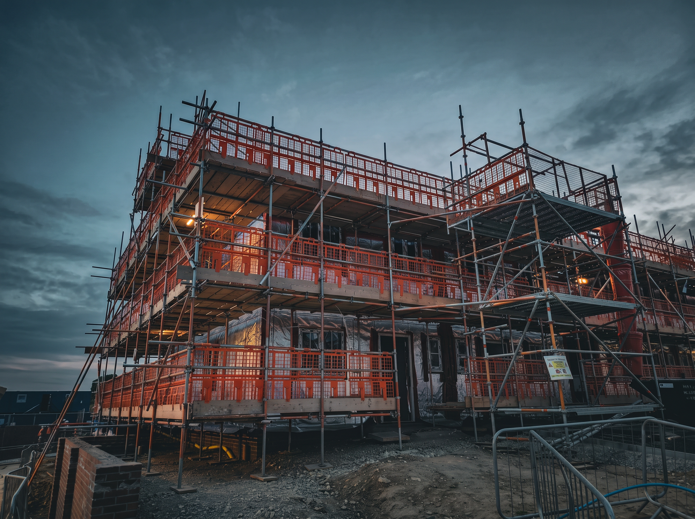 Traditional tube-and-fitting scaffolding at dusk — standards, ledgers, diagonal braces, couplers and boarded working lifts